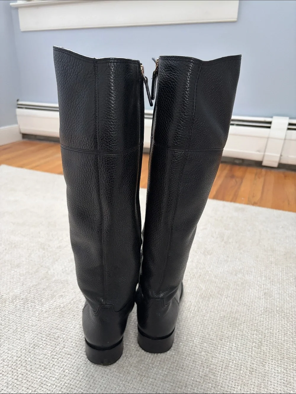 Tory Burch Black Leather Tall Riding Boots with Gold Logo